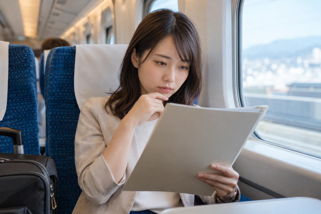 新幹線の車内でオーディション資料を確認する日本人女性