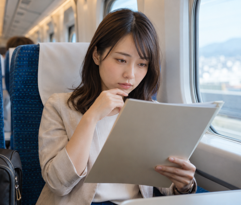 新幹線の車内でオーディション資料を確認する日本人女性