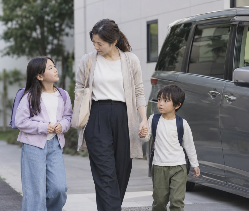 送迎の車のそばを二人の子どもと歩く日本人の母親